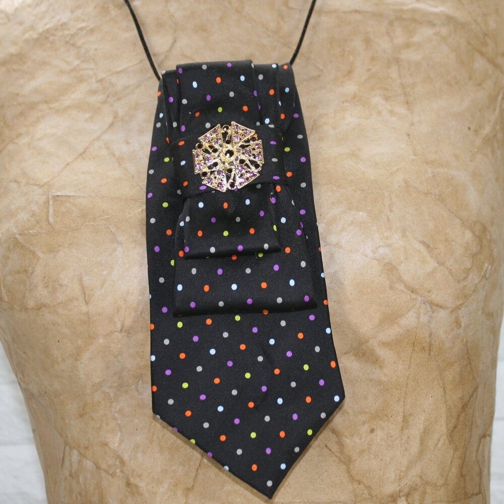 UPCYCLED Neck Tie Necklace Brooch Necktie Holiday Gift Accessory Polka Dot Black